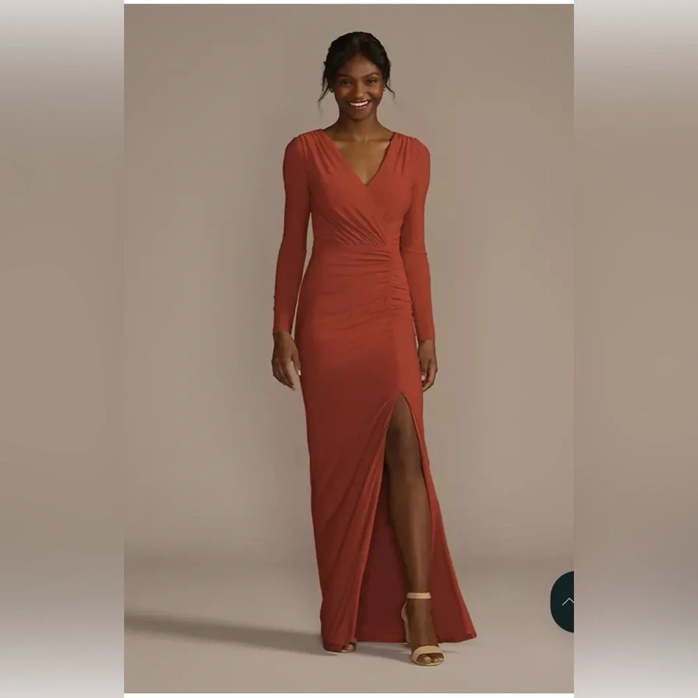 Elegant Burnt Sienna Long Sleeve Ruched Formal Gown- Size 14 - Picture 5 of 6